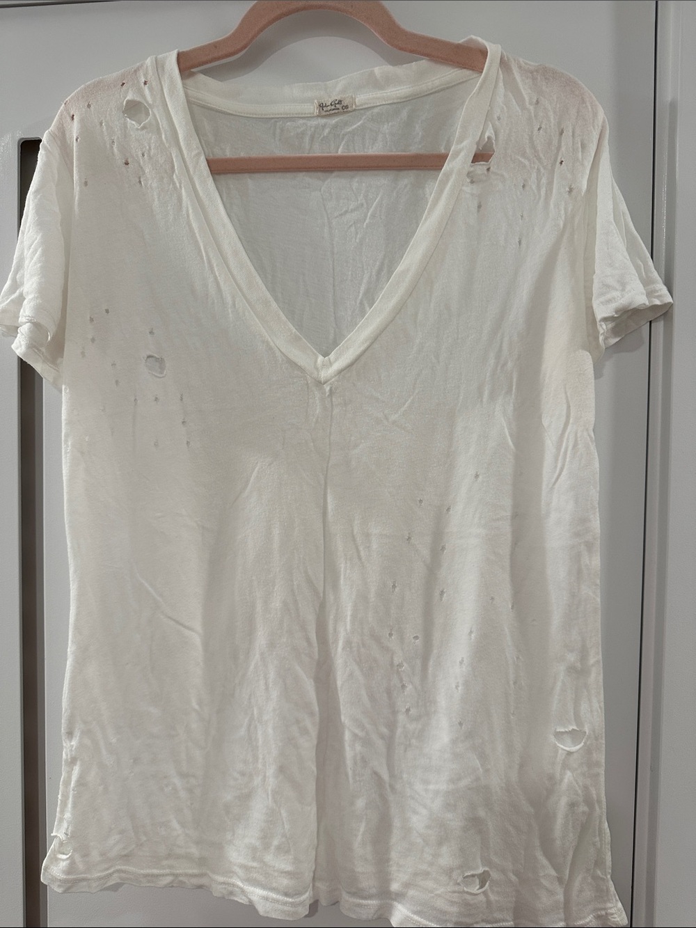 John Galt Brandy Melville White Distressed V-Neck Shirt OS